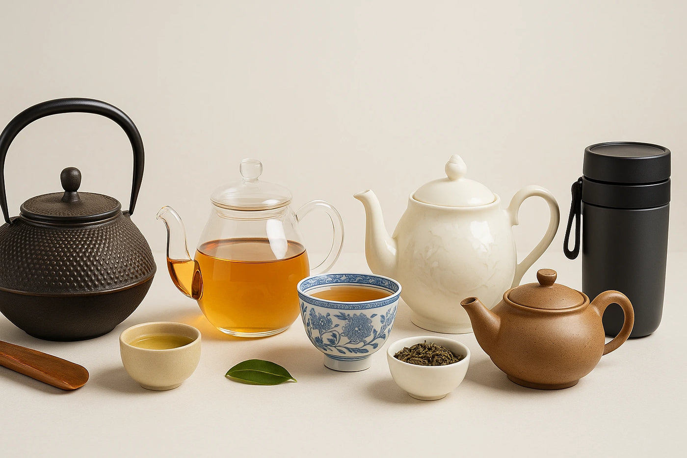 Assortiment réaliste de théières en fonte, verre, porcelaine et argile avec tasses de thé fumantes et feuilles de thé, ambiance raffinée et conviviale