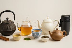 Assortiment réaliste de théières en fonte, verre, porcelaine et argile avec tasses de thé fumantes et feuilles de thé, ambiance raffinée et conviviale